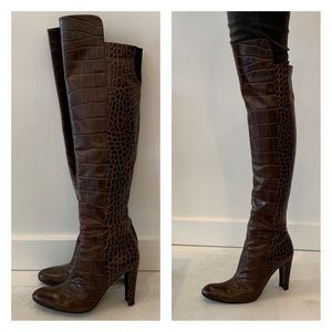 Stuart Weitzman Croc Print Leather OTK Heel Boots